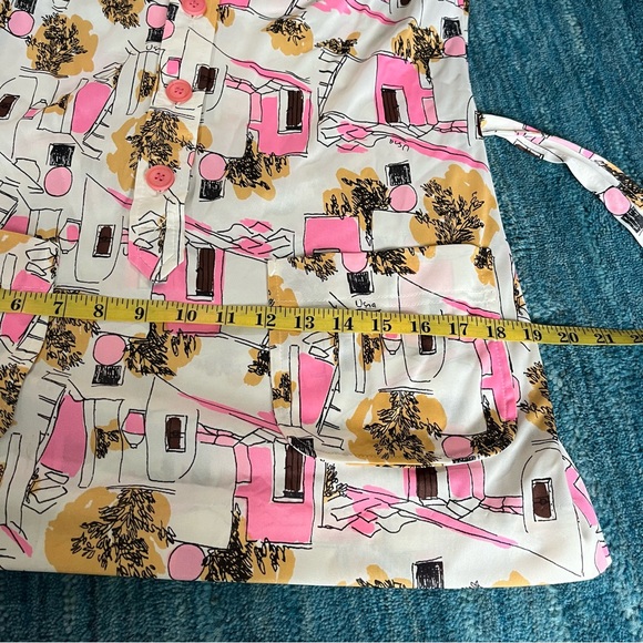 Vera Neumann Vintage Top belted house or city scape pink white XS or kids 12 - Picture 9 of 13
